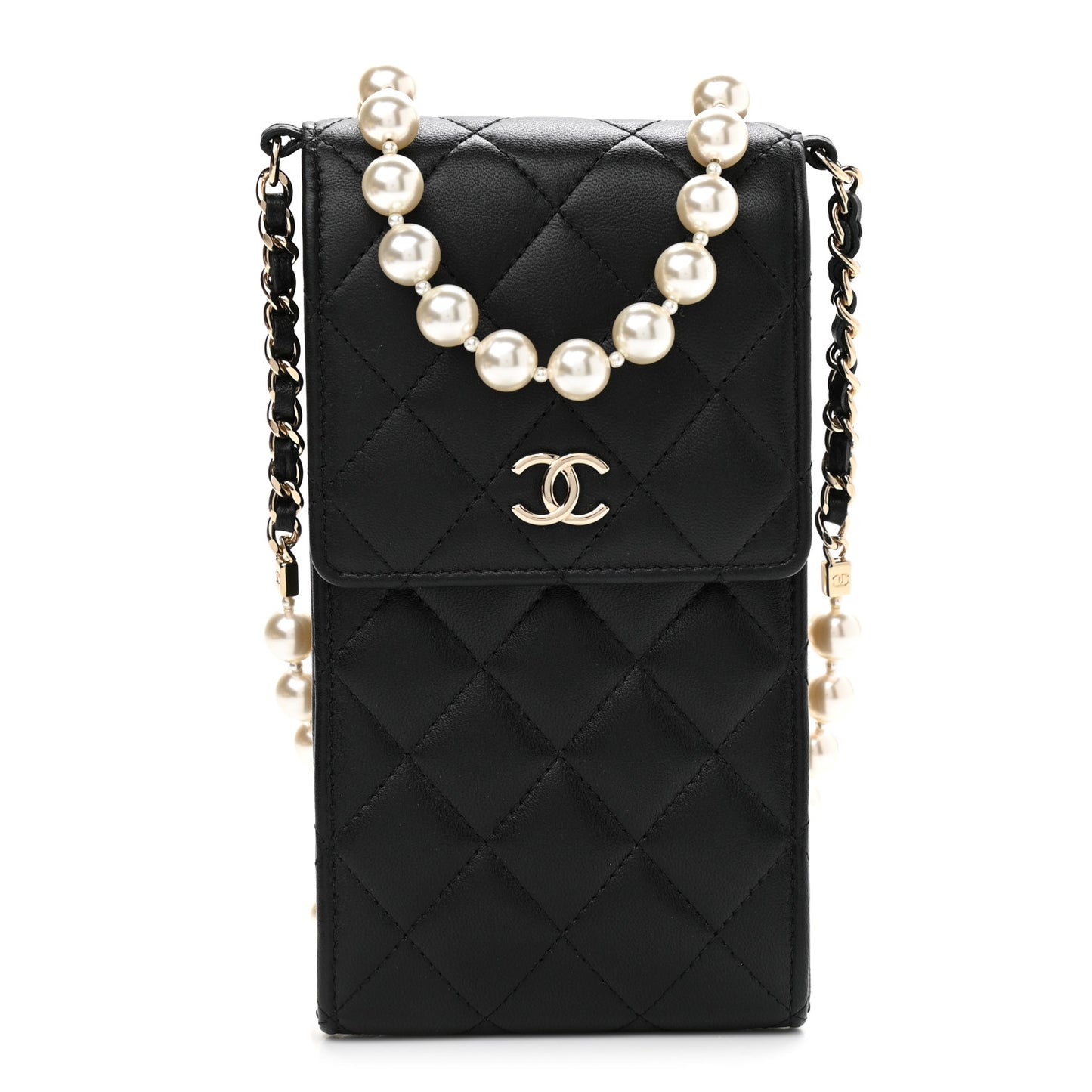 Lambskin Quilted Pearl Phone Holder With Chain Black
