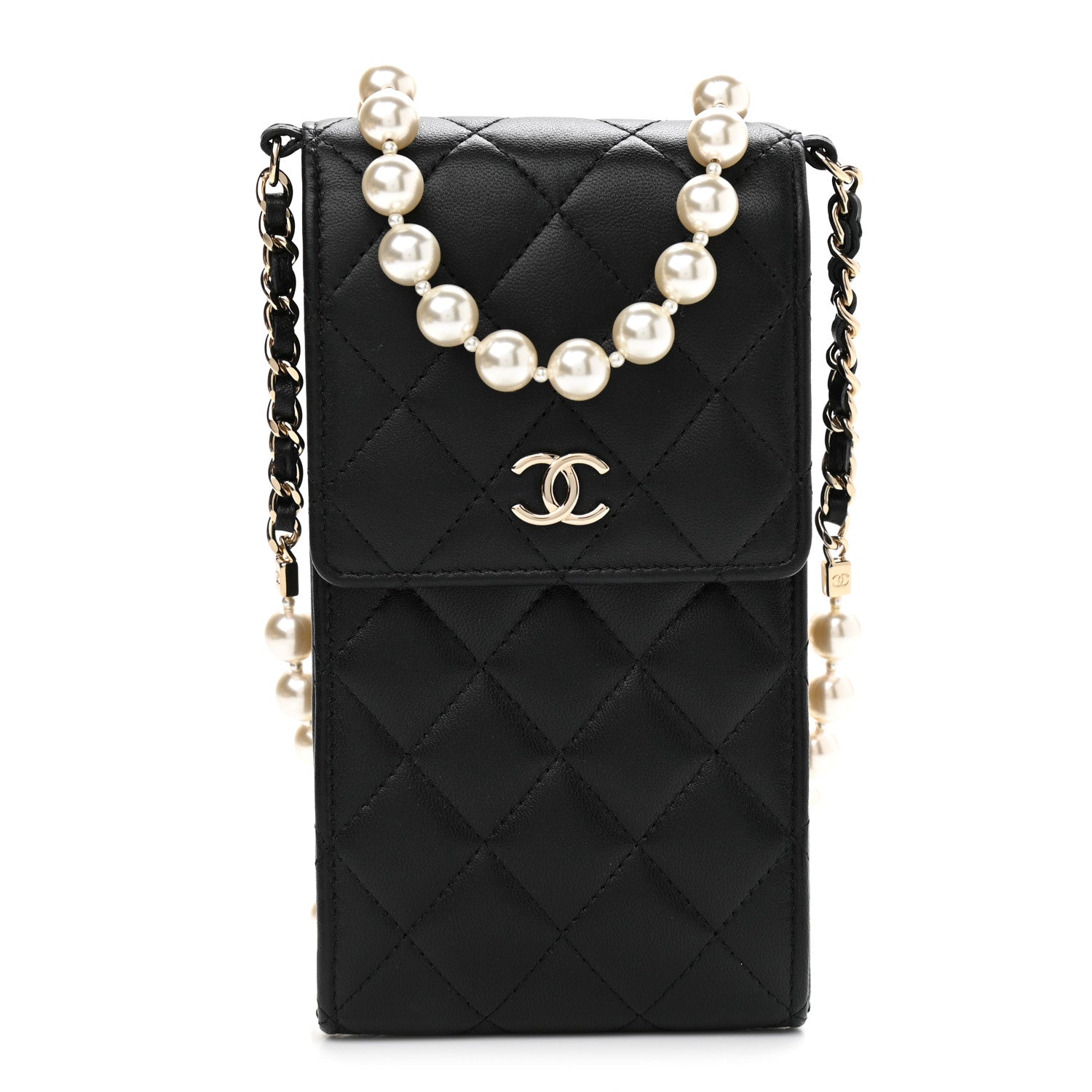 Chanel Lambskin Quilted Pearl Phone Holder With Chain Black 1 of 10