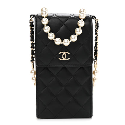 Chanel Lambskin Quilted Pearl Phone Holder With Chain Black 1 of 10