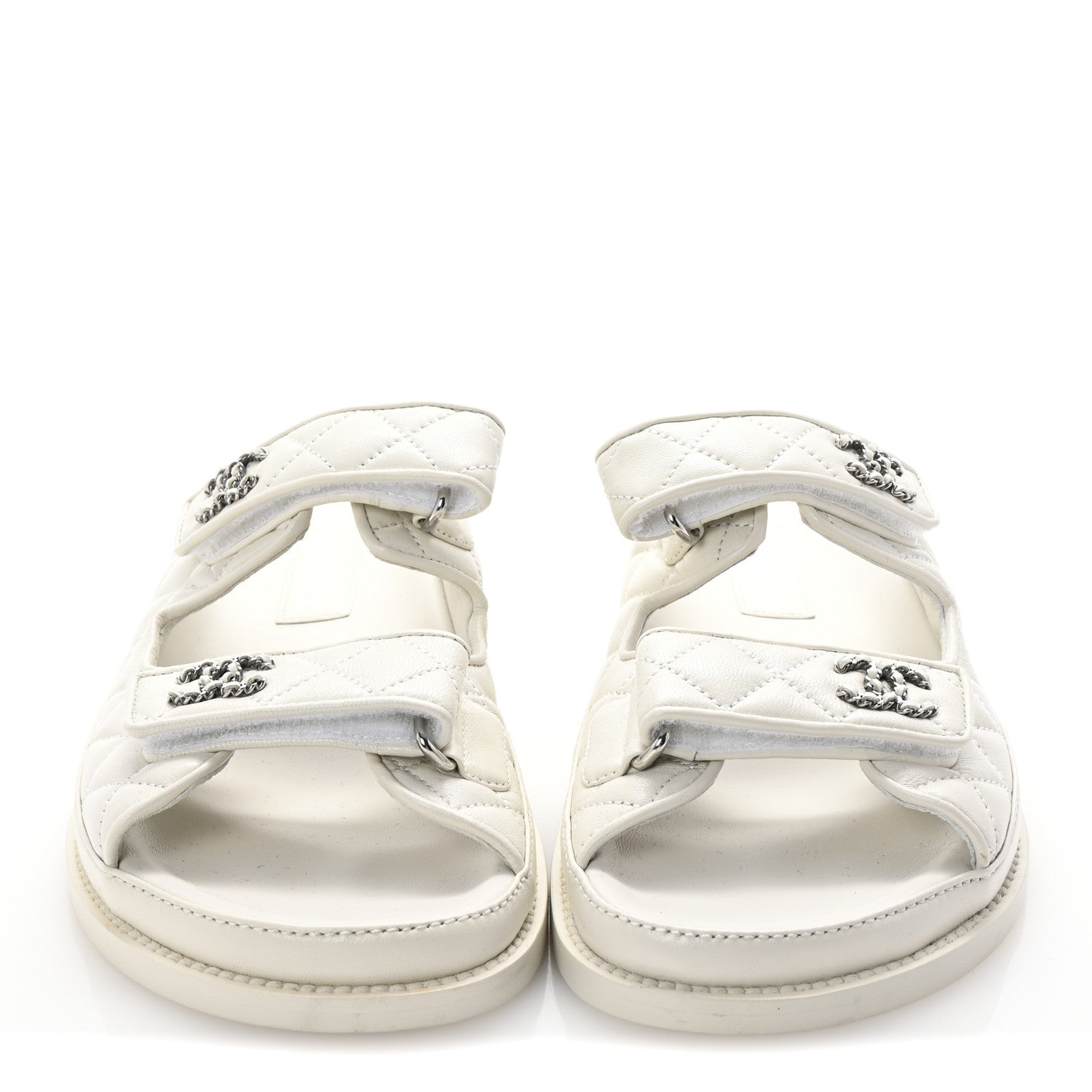 Chanel Lambskin Quilted Velcro Dad Chain CC Slide Sandals 37.5 White 3 of 9