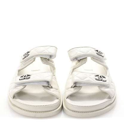 Chanel Lambskin Quilted Velcro Dad Chain CC Slide Sandals 37.5 White 3 of 9