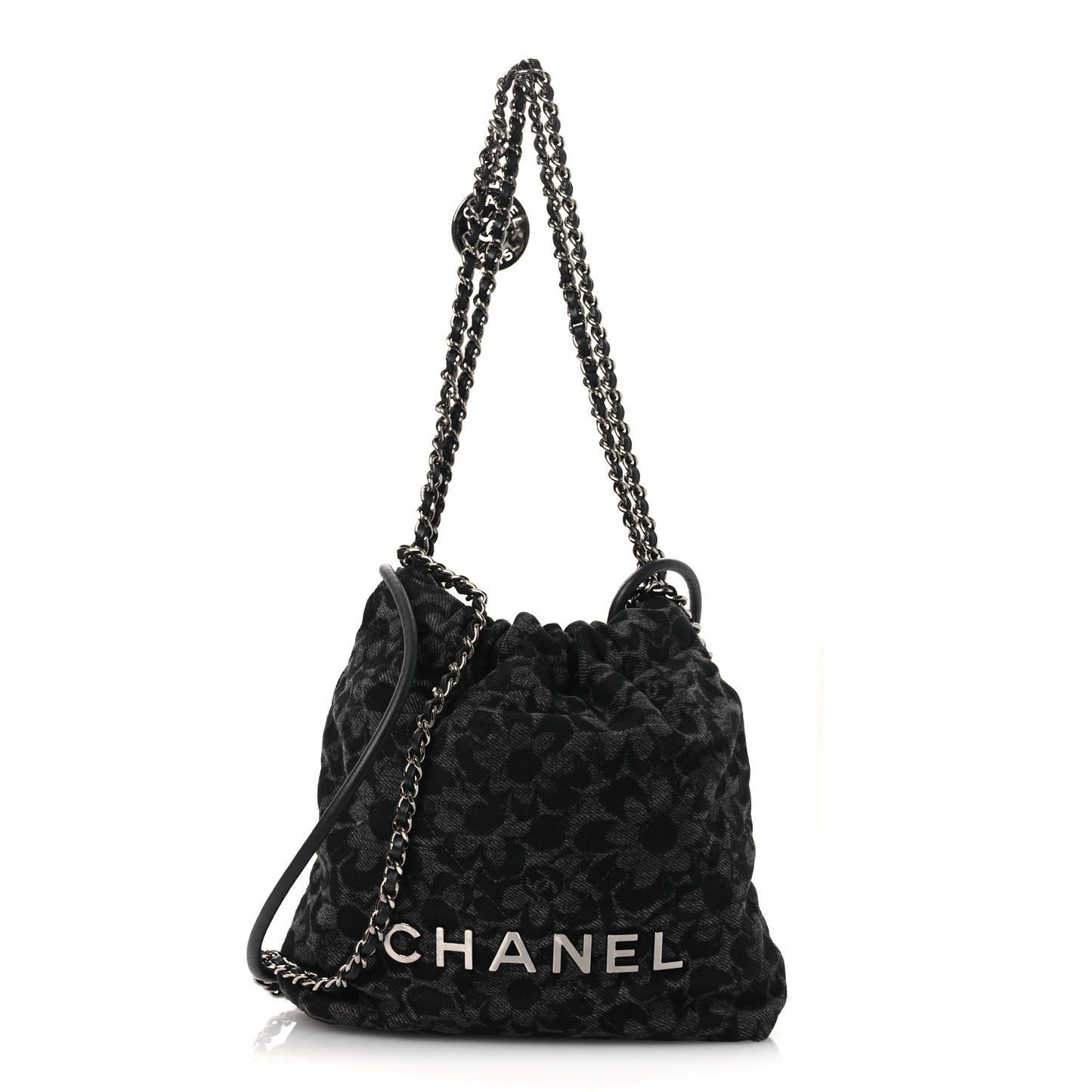 Denim Quilted Floral Print Mini Chanel 22 Black Grey