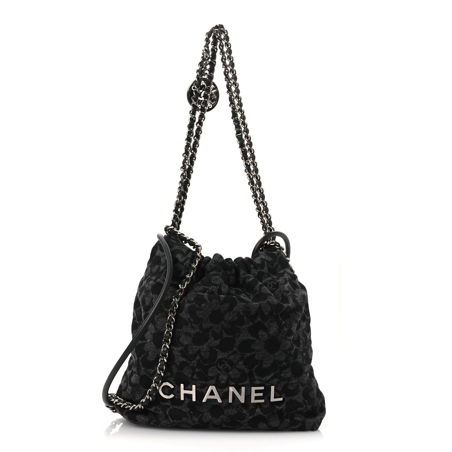 Chanel Denim Quilted Floral Print Mini Chanel 22 Black Grey 1 of 10