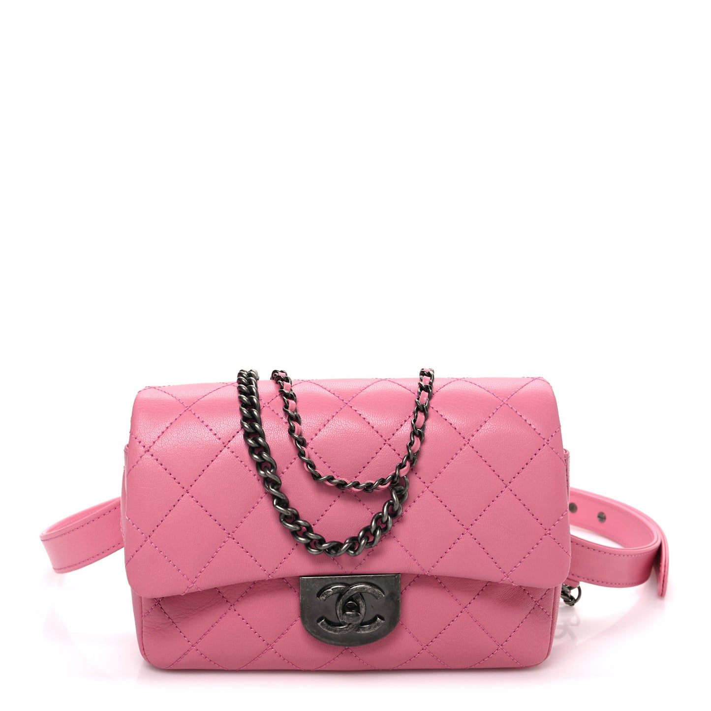 Shiny Goatskin Quilted Small Double Carry Waist Chain Flap Pink