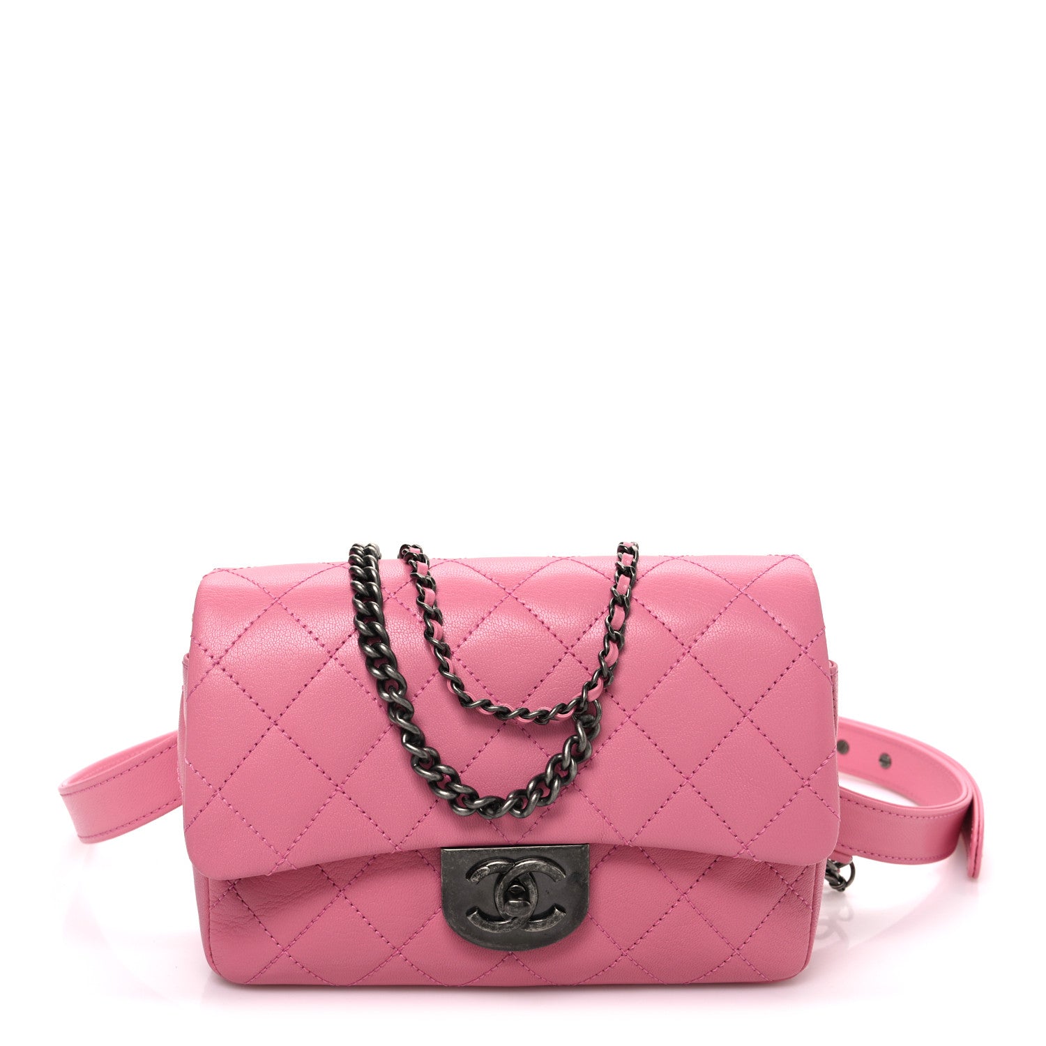 Chanel Shiny Goatskin Quilted Small Double Carry Waist Chain Flap Pink 1 of 10