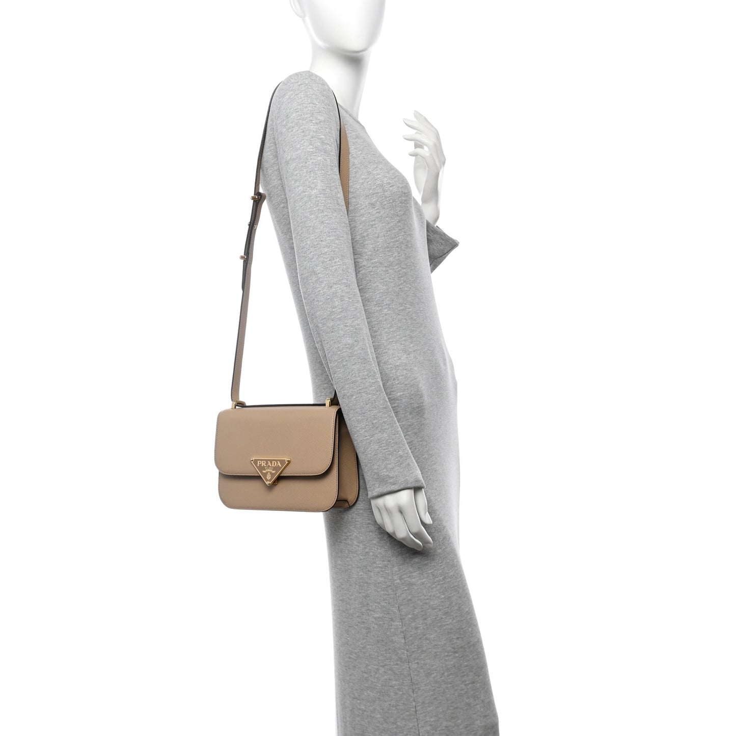 Saffiano Cuir Triangle Embleme Flap Shoulder Bag Sabbia