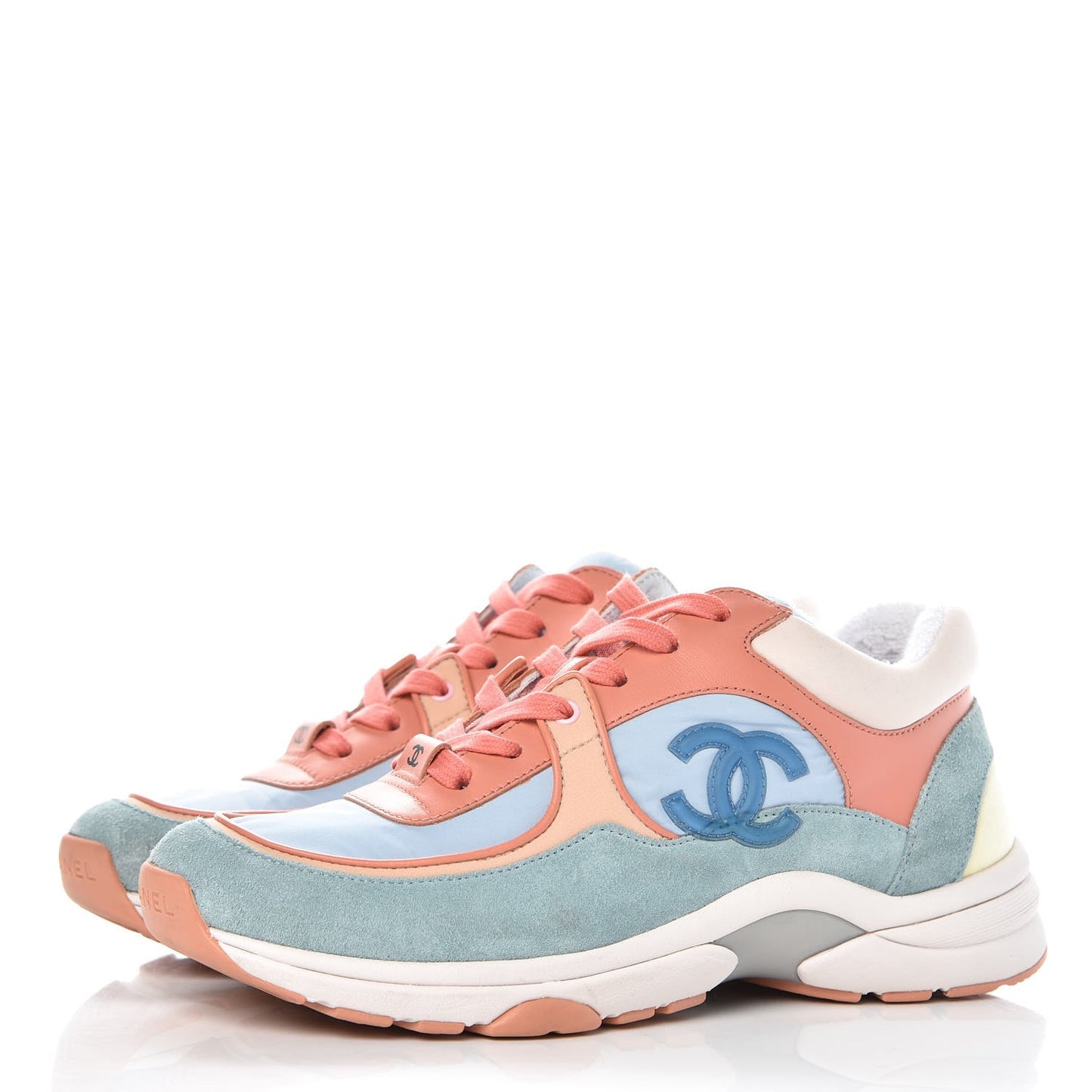 Nylon Lambskin Suede Calfskin CC Sneakers 37 Coral Light Blue White
