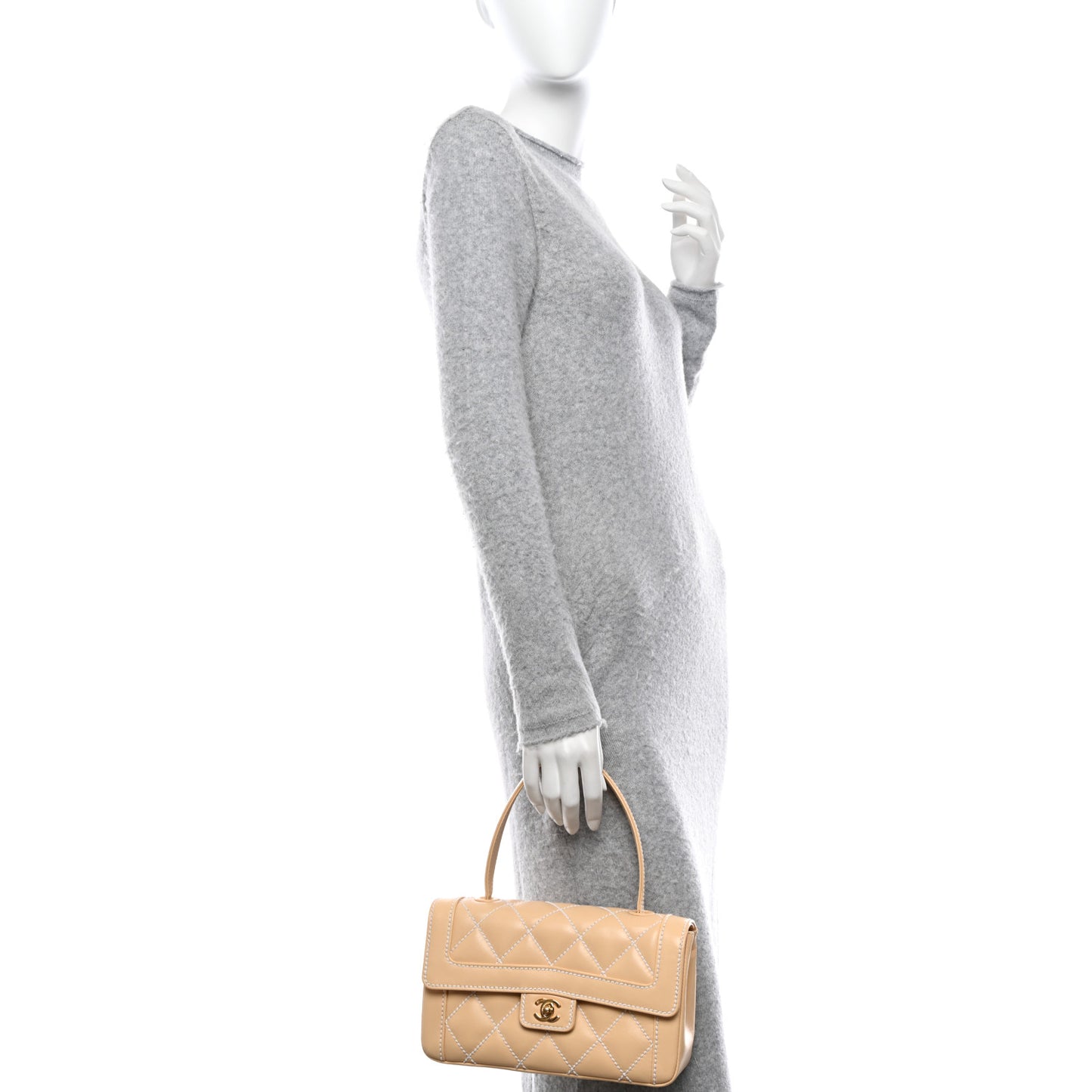 Calfskin Quilted Wild Stitch Top Handle Flap Beige