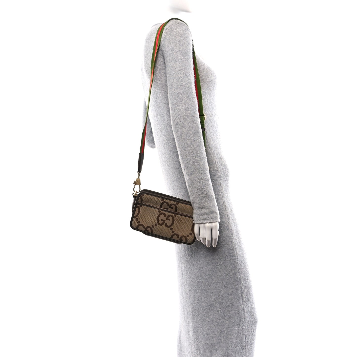 Monogram Jumbo GG Textured Dollar Calfskin Web Mini Crossbody Bag Camel Ebony New Acero
