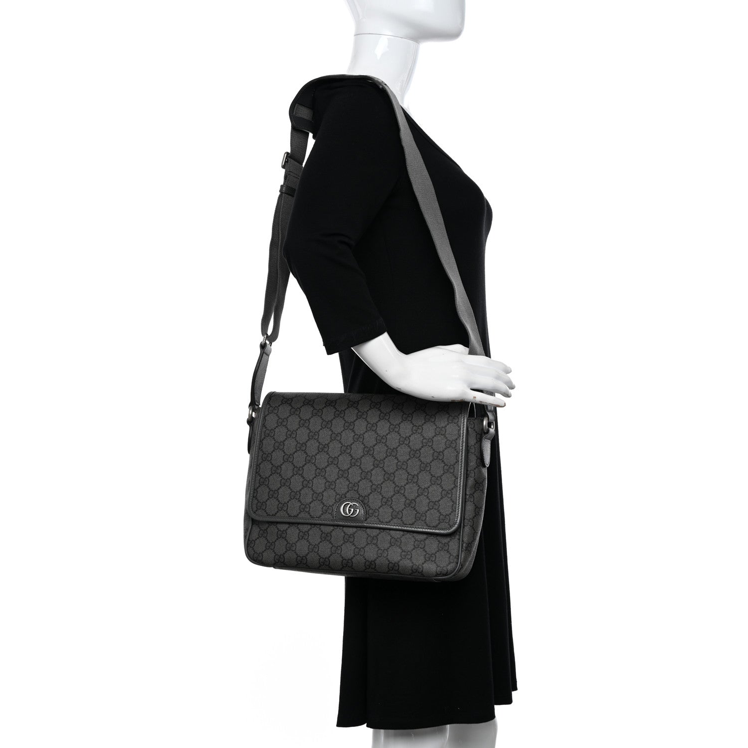 Gucci Tender GG Supreme Monogram Textured Dollar Calfskin Ophidia Messenger Bag Grey Black Graphite Grey 2 of 9