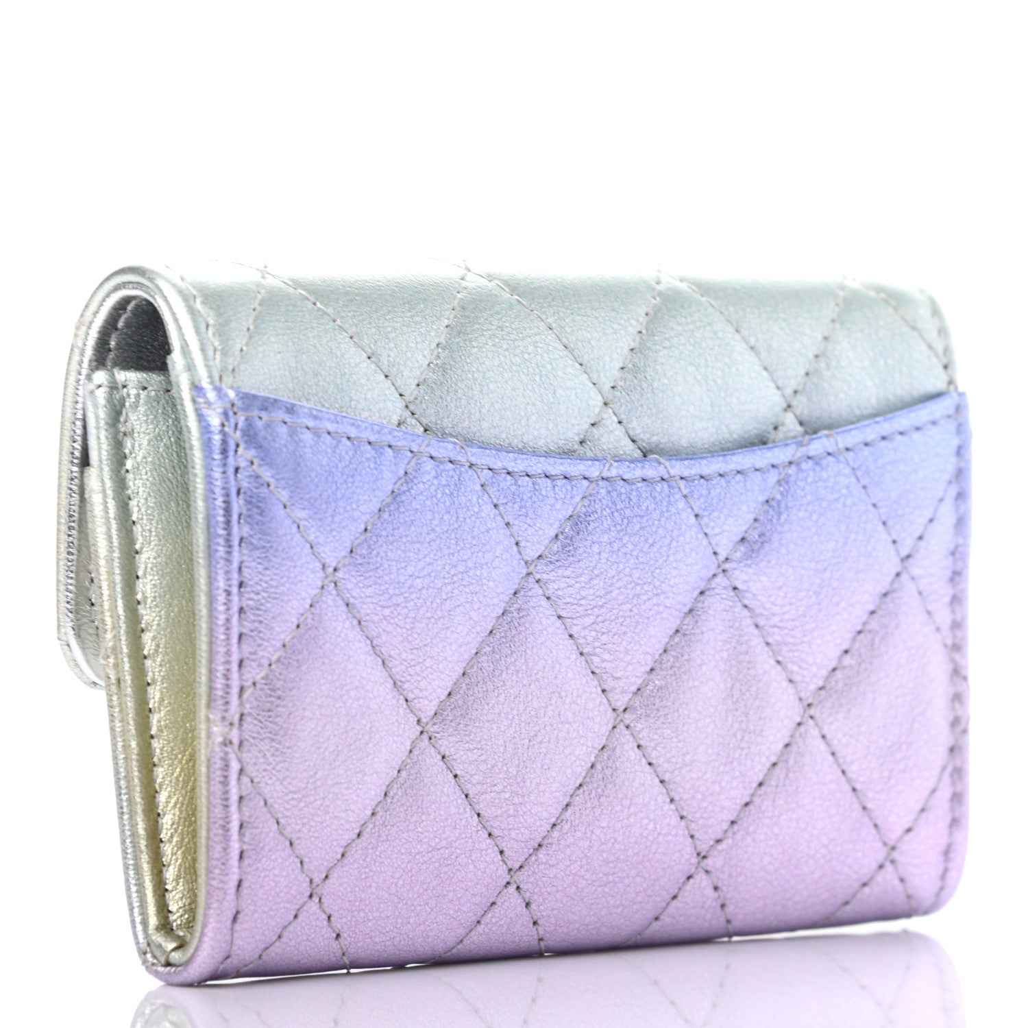 Chanel Gradient Metallic Calfskin Quilted Flap Card Holder Wallet Silver Blue Yellow Purple 3 of 8