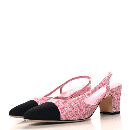 Chanel Tweed Grosgrain Cap Toe CC Slingback Pumps 40 Pink Black 4 of 9