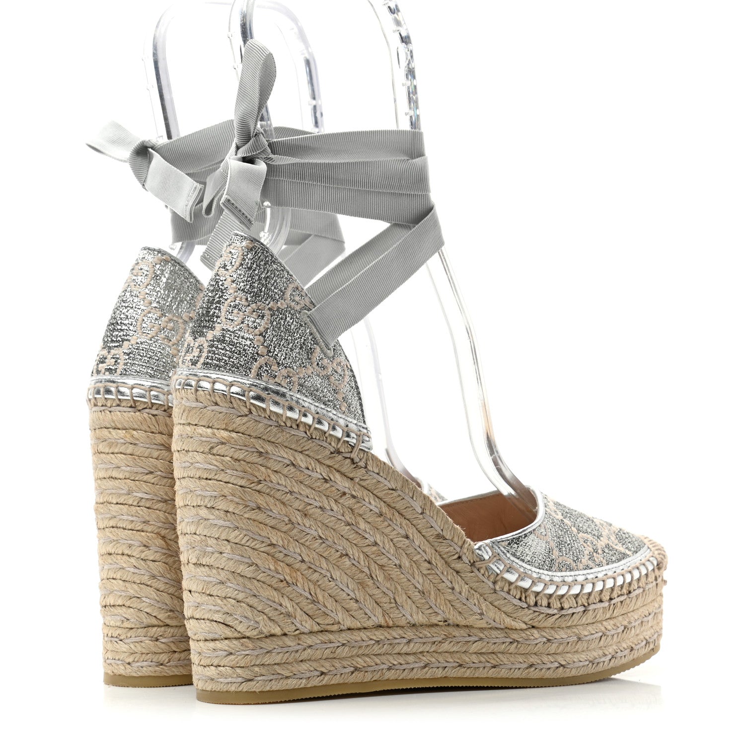 Gucci Lame GG Monogram Ankle Wrap Platform Espadrille Wedges 37.5 Silver Beige Light Grey 4 of 10
