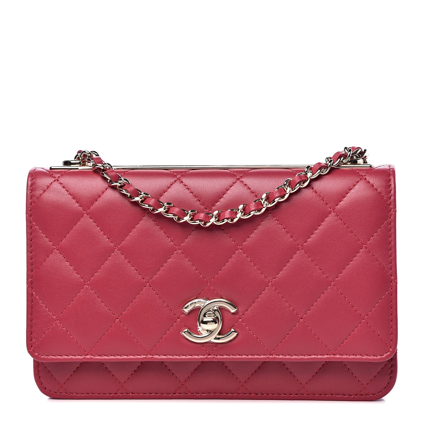Lambskin Quilted Trendy CC Wallet On Chain WOC Dark Pink