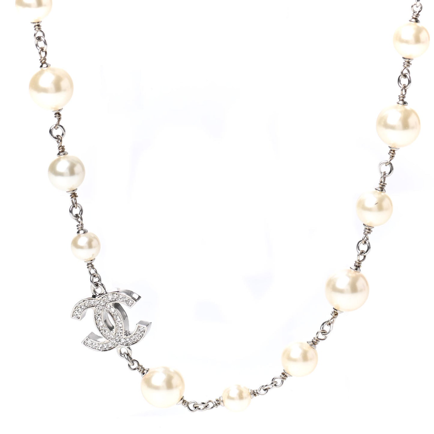 Crystal Pearl CC Long Necklace Silver