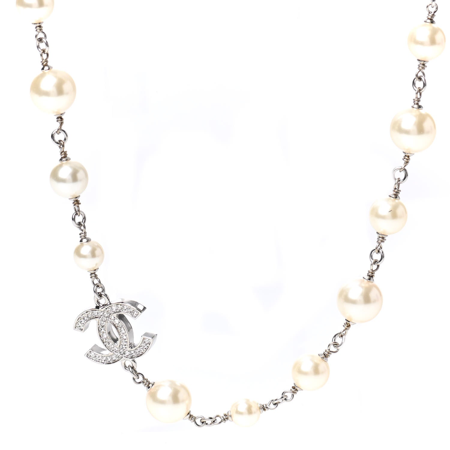 Chanel Crystal Pearl CC Long Necklace Silver 4 of 6