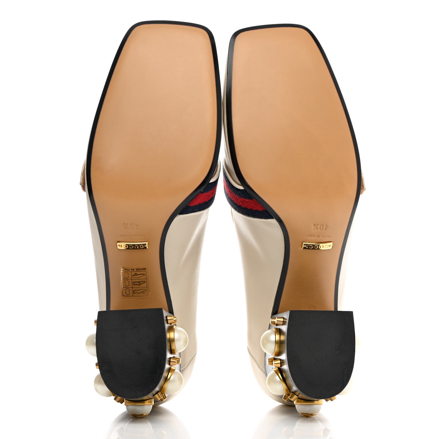 Gucci Betis Glamour Calfskin Web Pearl Embellished Peyton 75mm Loafer Pumps 40.5 Mystic White 6 of 15