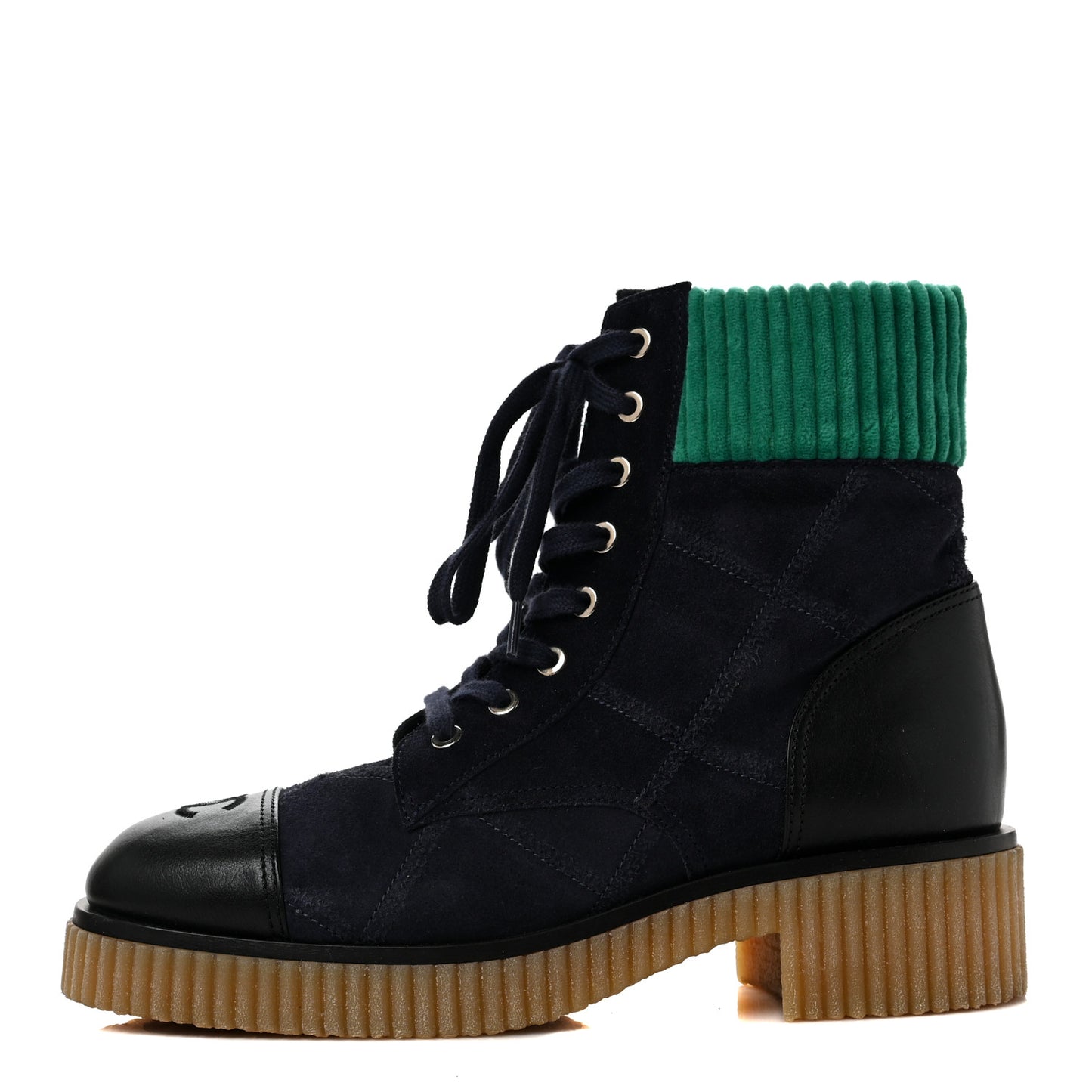 Suede Calfskin Velvet Quilted CC Combat Boots 40 Navy Green Black