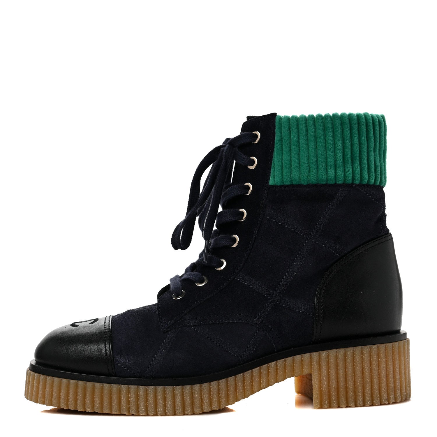 Chanel Suede Calfskin Velvet Quilted CC Combat Boots 40 Navy Green Black 1 of 8