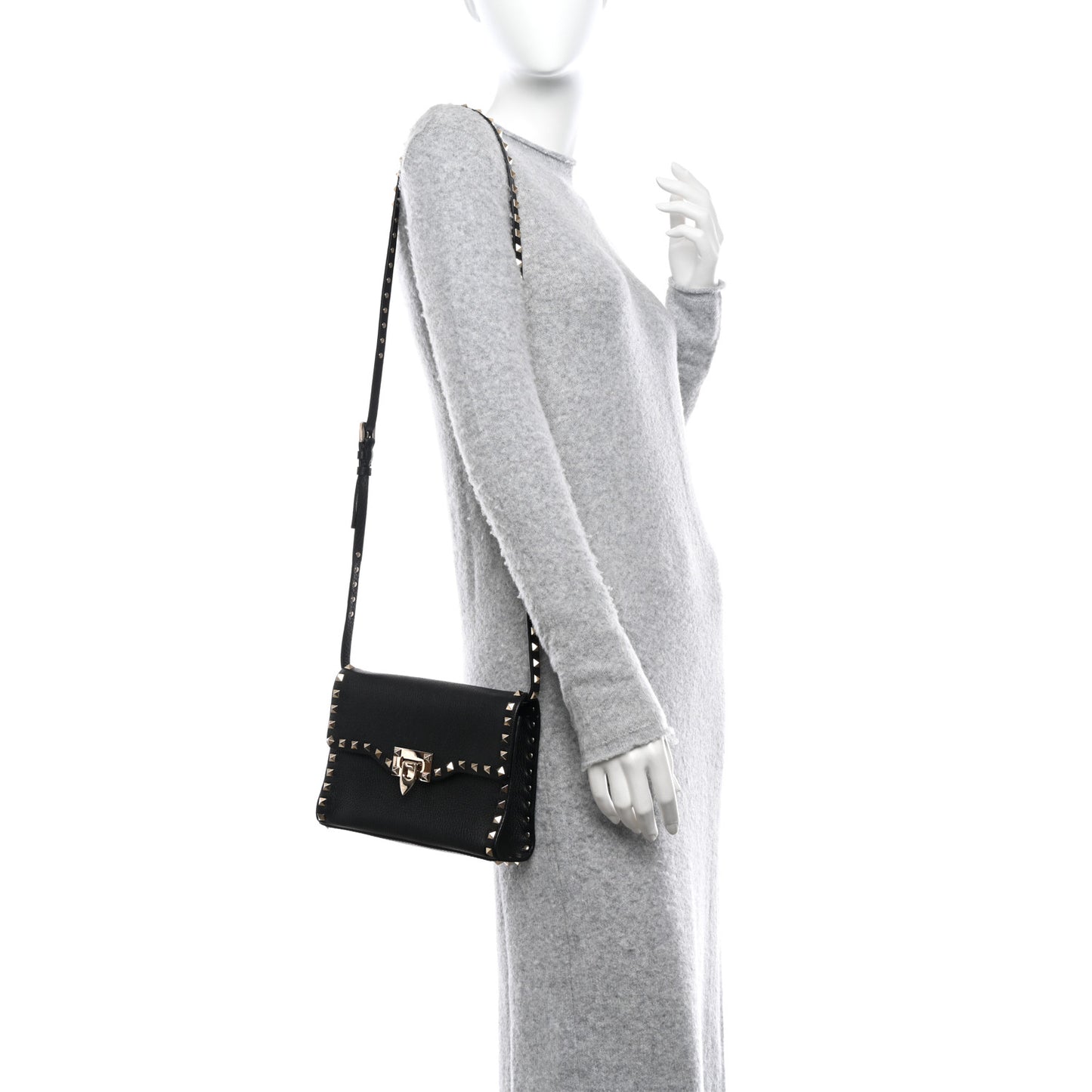Pebbled Calfskin Medium Rockstud Flip Lock Crossbody Bag Black