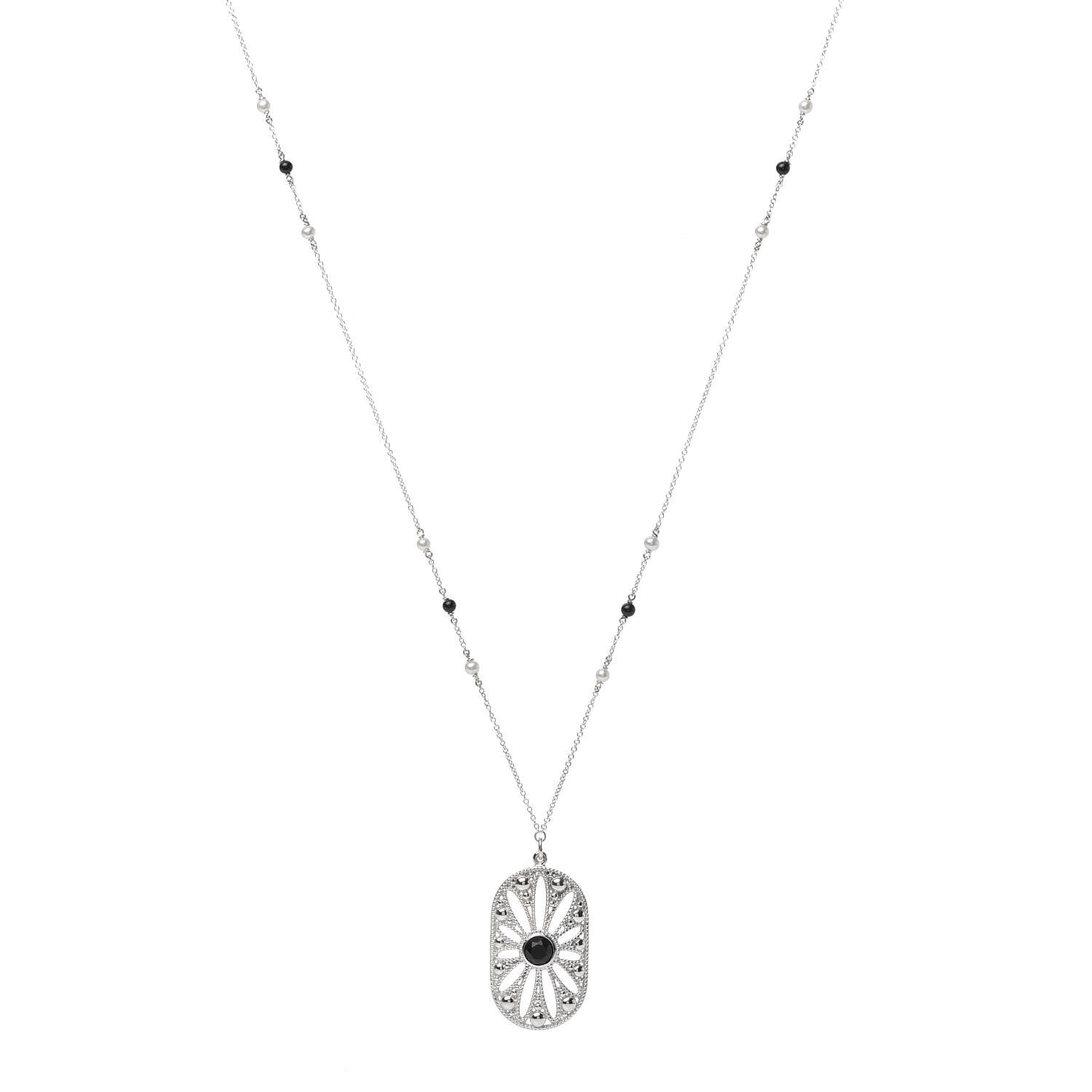 Tiffany Sterling Silver Black Onyx Pearl Ziegfeld Daisy Pendant Necklace 2 of 5