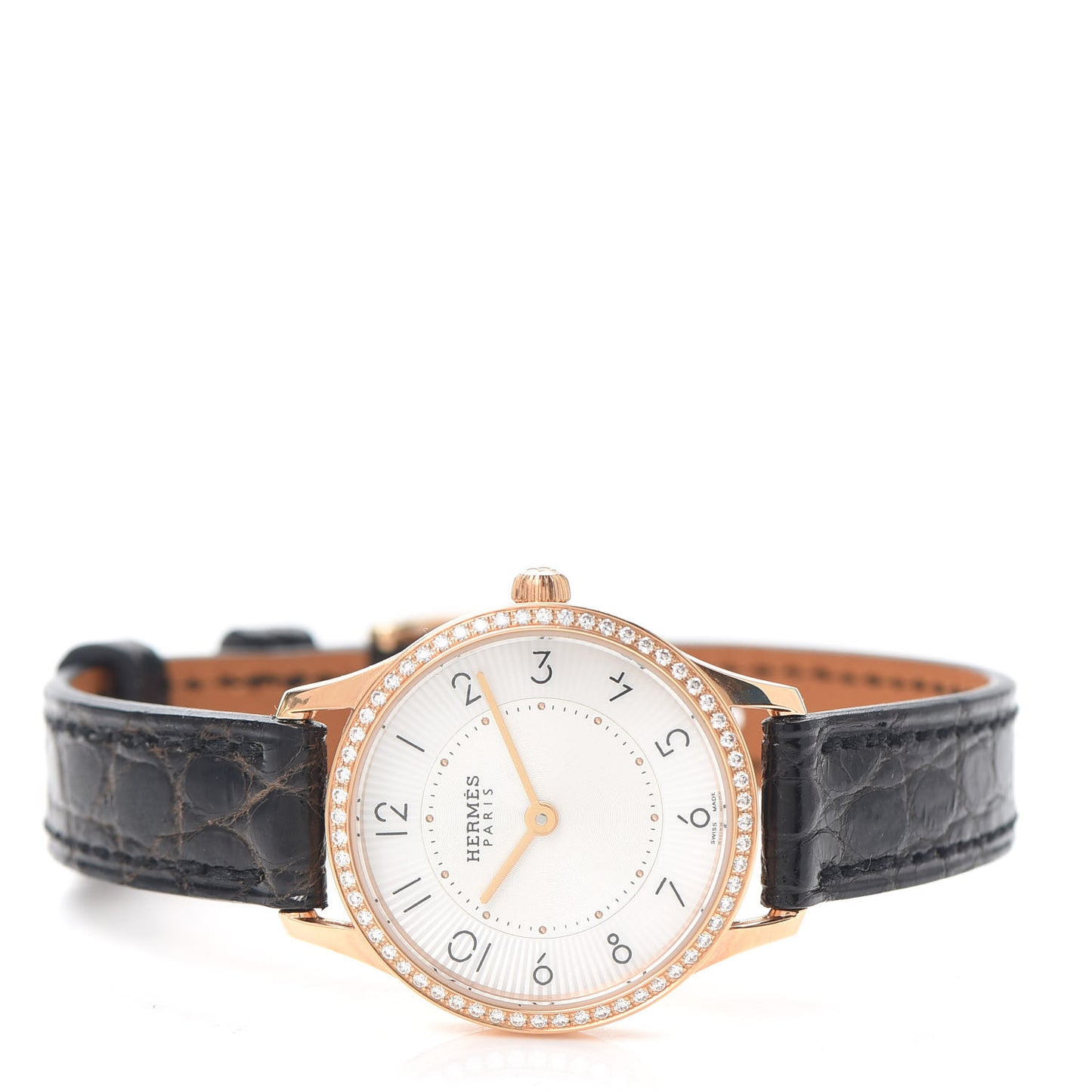 18K Rose Gold Alligator Diamond Mother of Pearl 25mm Slim d'Hermes Quartz Watch Noir