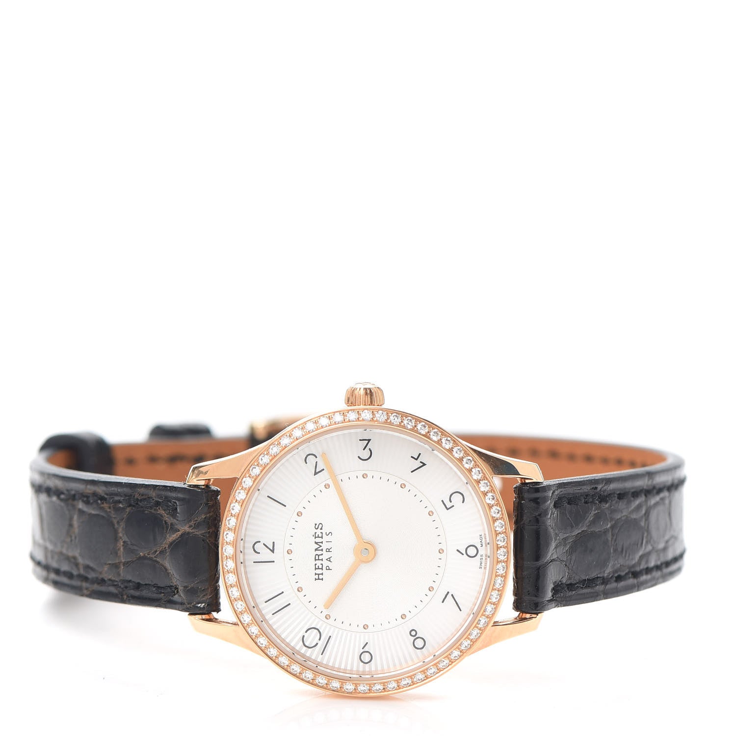 Hermes 18K Rose Gold Alligator Diamond Mother of Pearl 25mm Slim d'Hermes Quartz Watch Noir 2 of 5
