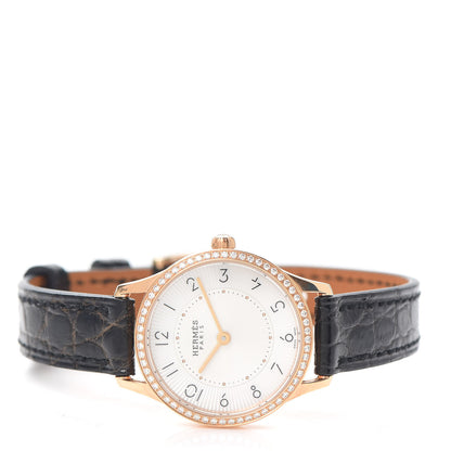 Hermes 18K Rose Gold Alligator Diamond Mother of Pearl 25mm Slim d'Hermes Quartz Watch Noir 2 of 5