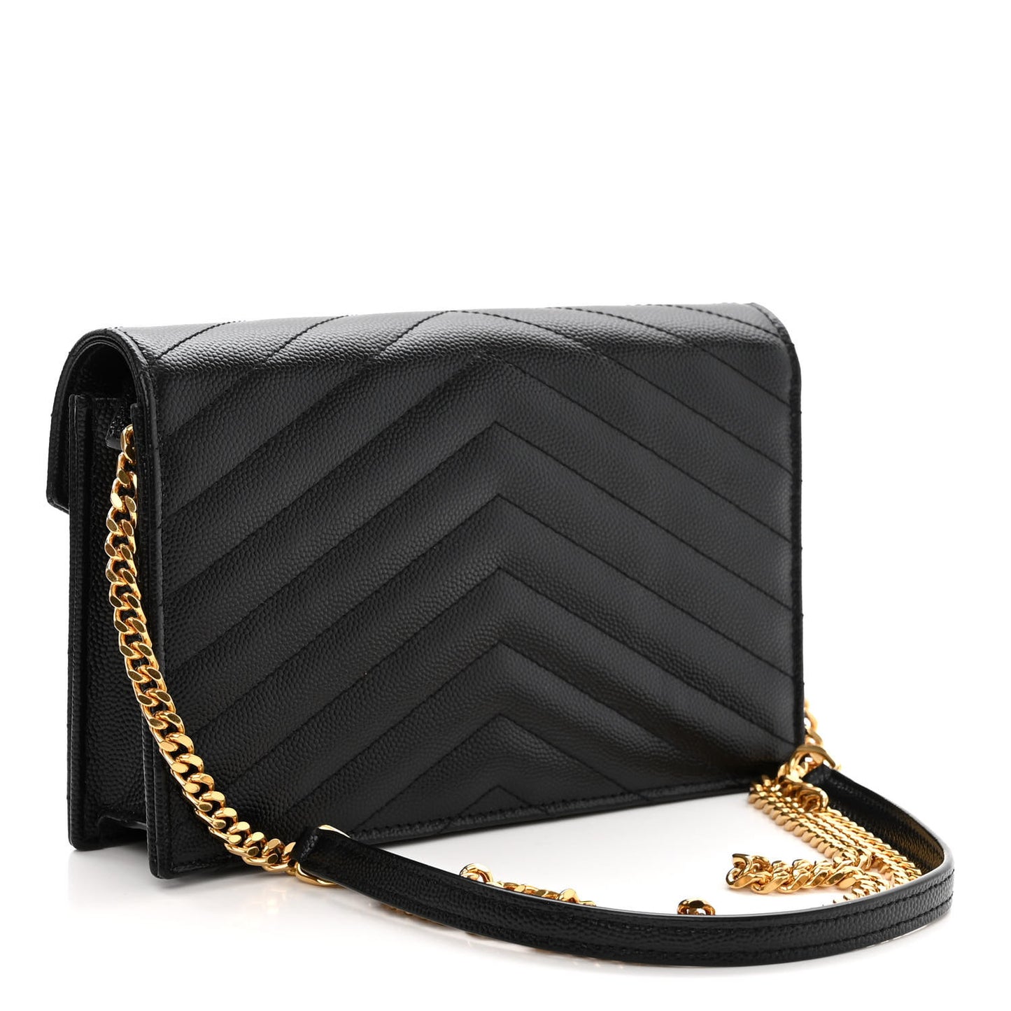 Grain De Poudre Matelasse Chevron Monogram Envelope Chain Wallet Black