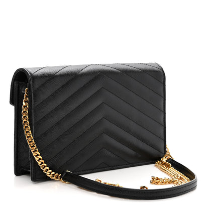 Saint Laurent Grain De Poudre Matelasse Chevron Monogram Envelope Chain Wallet Black 3 of 10