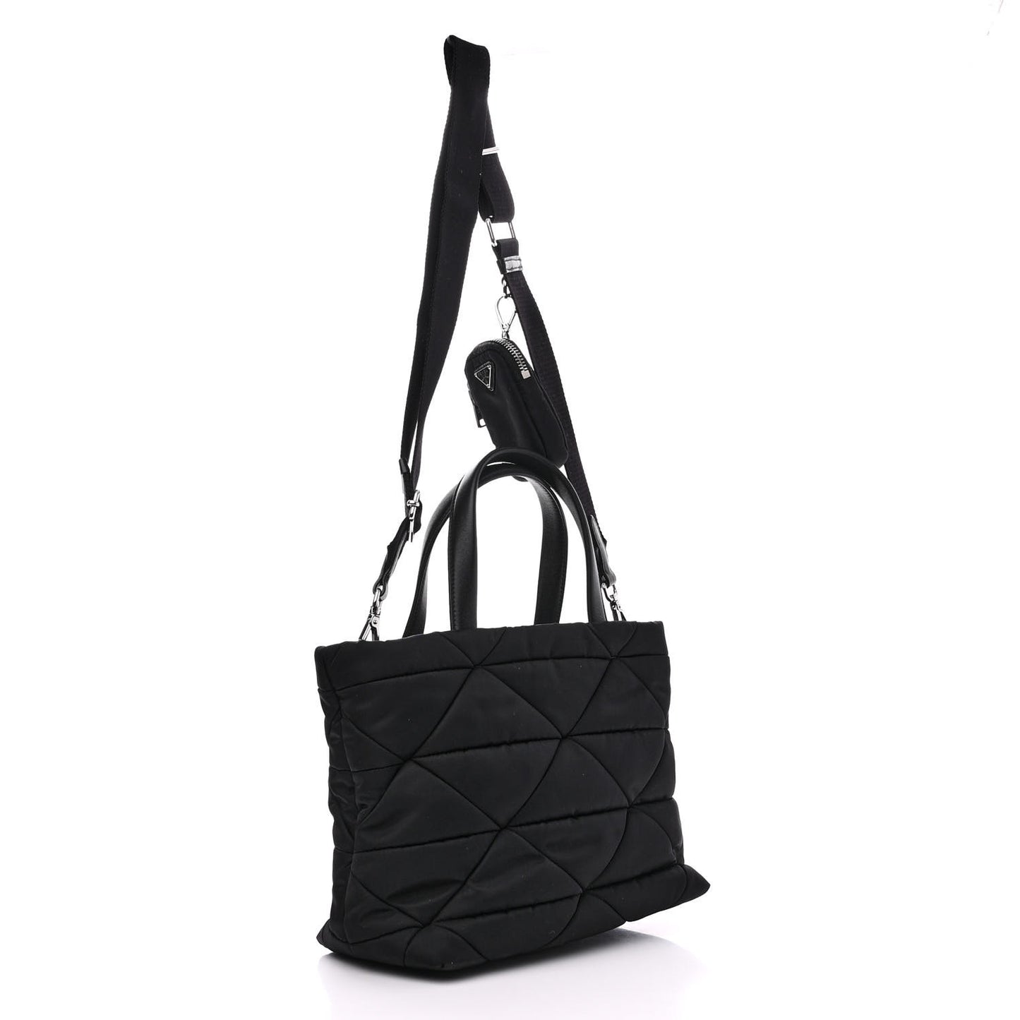 Re-Nylon Nappa Triangle Quilted Padded Double Handled Zip Pocket Tote Black