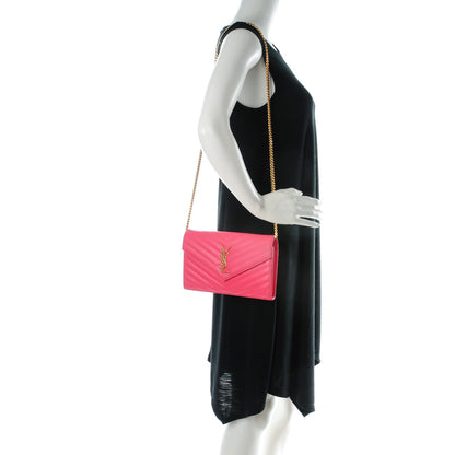Saint Laurent Grain De Poudre Matelasse Chevron Monogram Chain Wallet Rose Clair 2 of 8