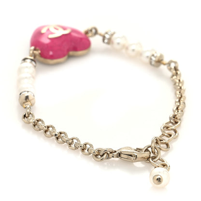 Chanel Resin Crystal Pearl Chain Heart CC Bracelet Pink White Gold 3 of 6