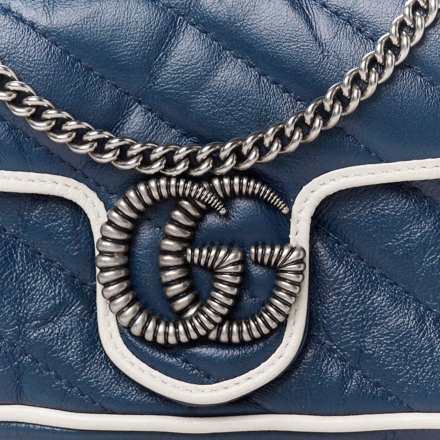 Vintage Effect Calfskin Matelasse Diagonal Super Mini Torchon GG Marmont Shoulder Bag Blue Agata Mystic White