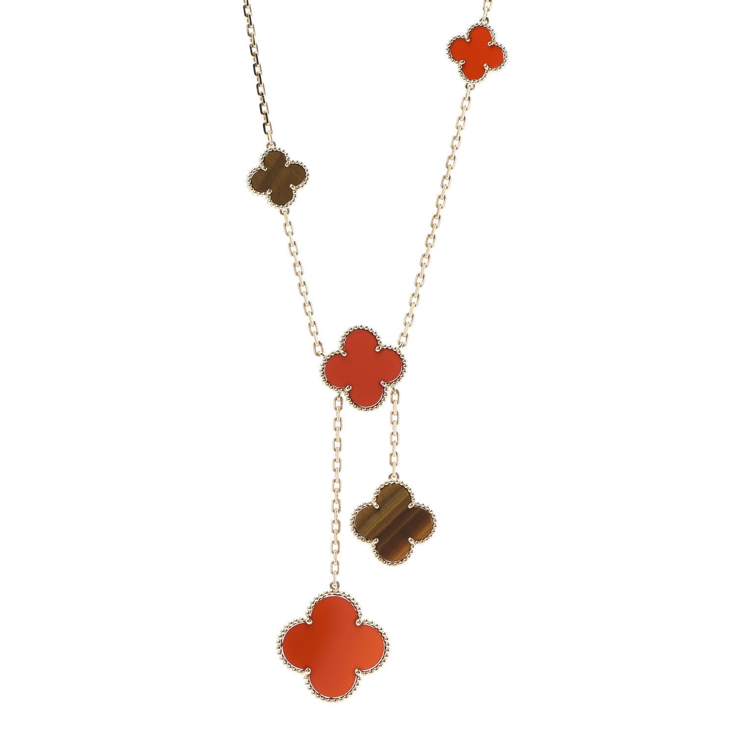 18K Yellow Gold Carnelian Tiger Eye 6 Motifs Magic Alhambra Necklace