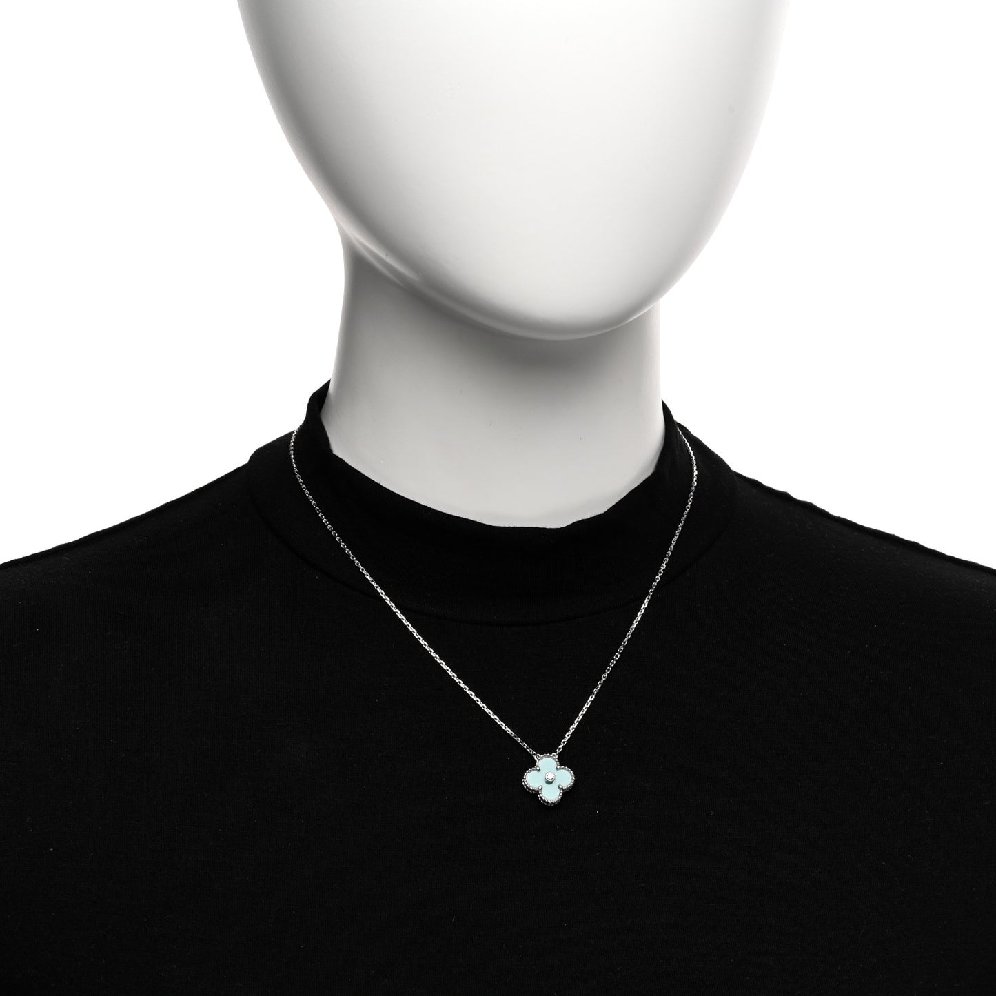 18K White Gold Diamond Celadon Green Sevres Porcelain Vintage Alhambra Pendant Necklace