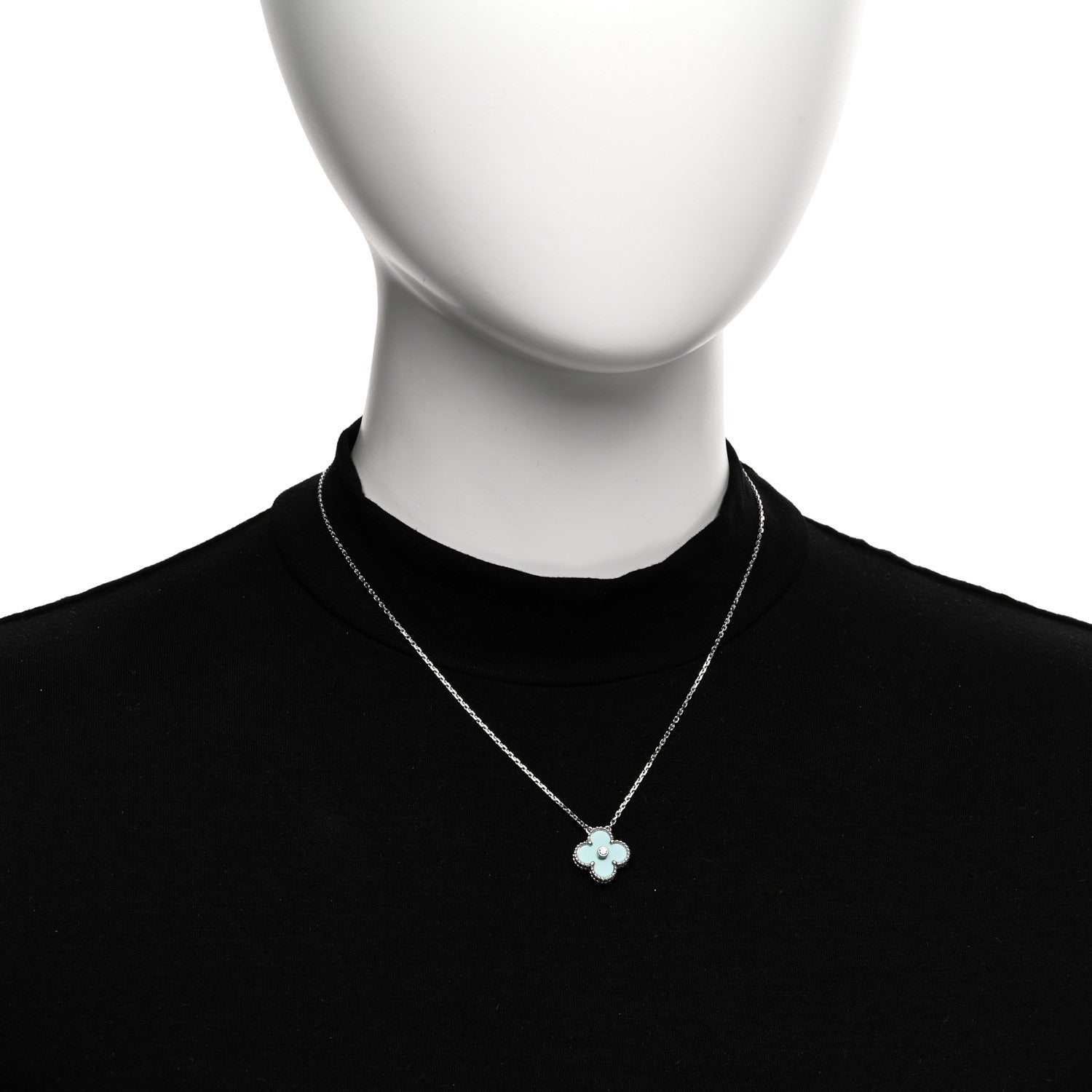 Van Cleef & Arpels 18K White Gold Diamond Celadon Green Sevres Porcelain Vintage Alhambra Pendant Necklace 2 of 6