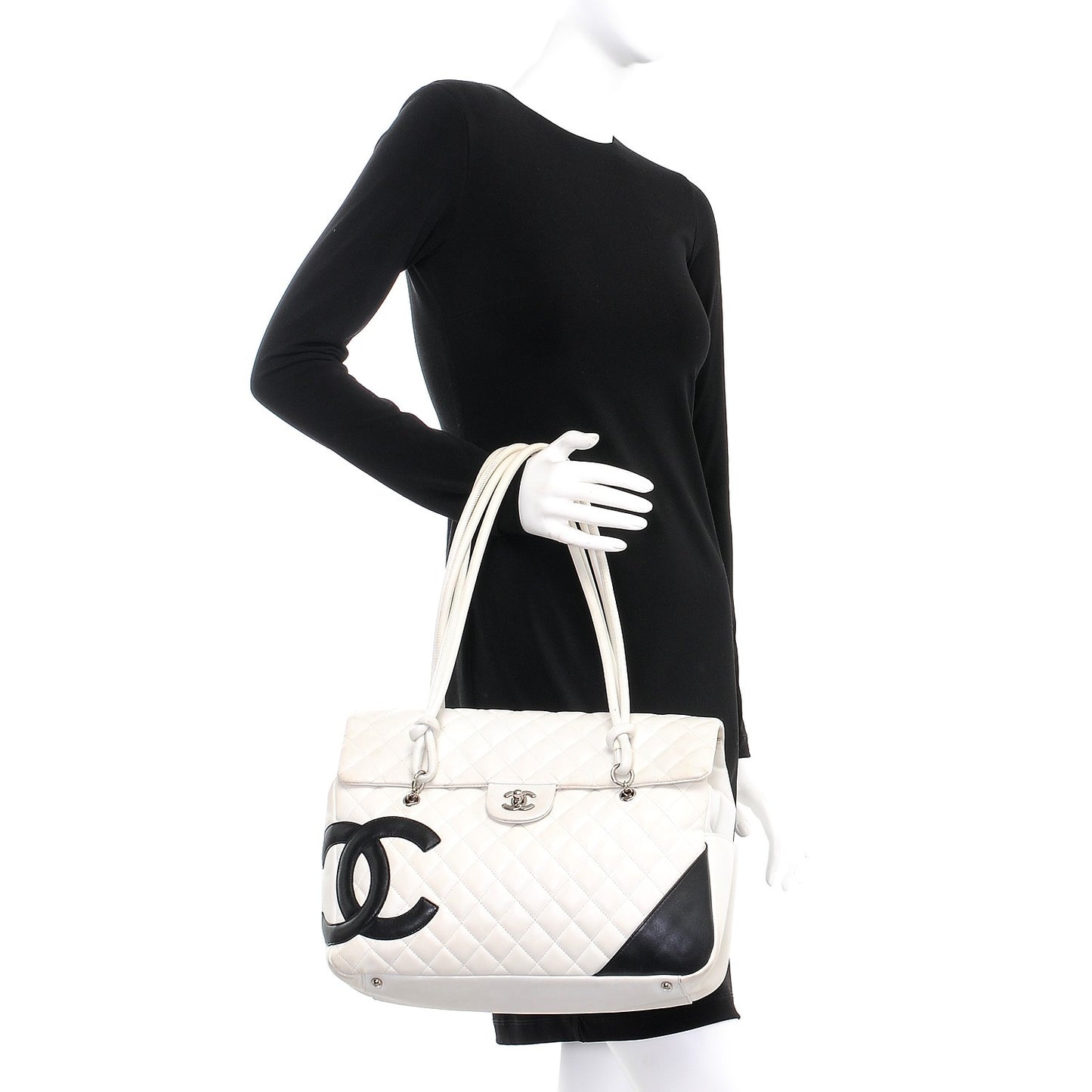 Calfskin Quilted Large Cambon Flap White Black