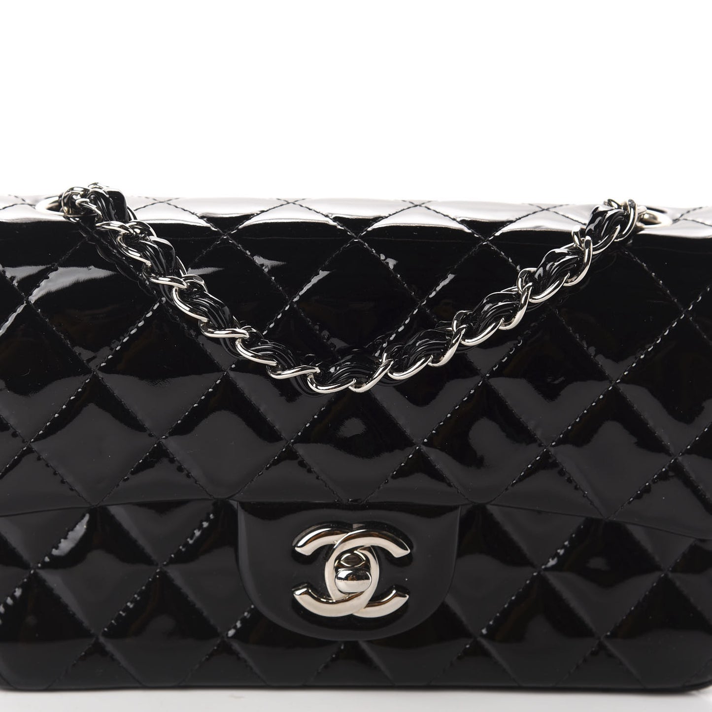 Patent Calfskin Quilted Mini Rectangular Flap Black