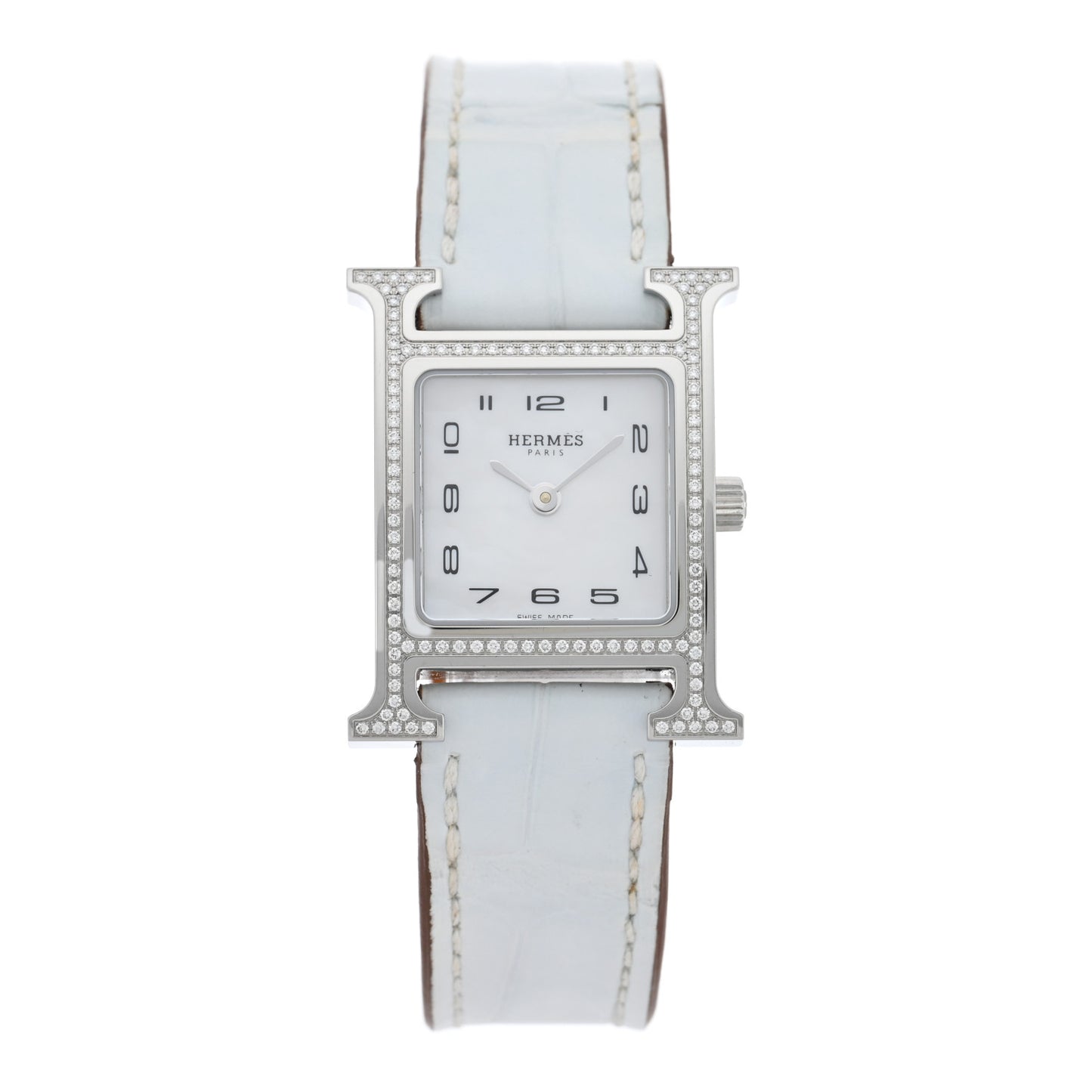 Stainless Steel Alligator Diamond Bezel Mother of Pearl 21mm Heure H Hour Quartz Watch Blanc