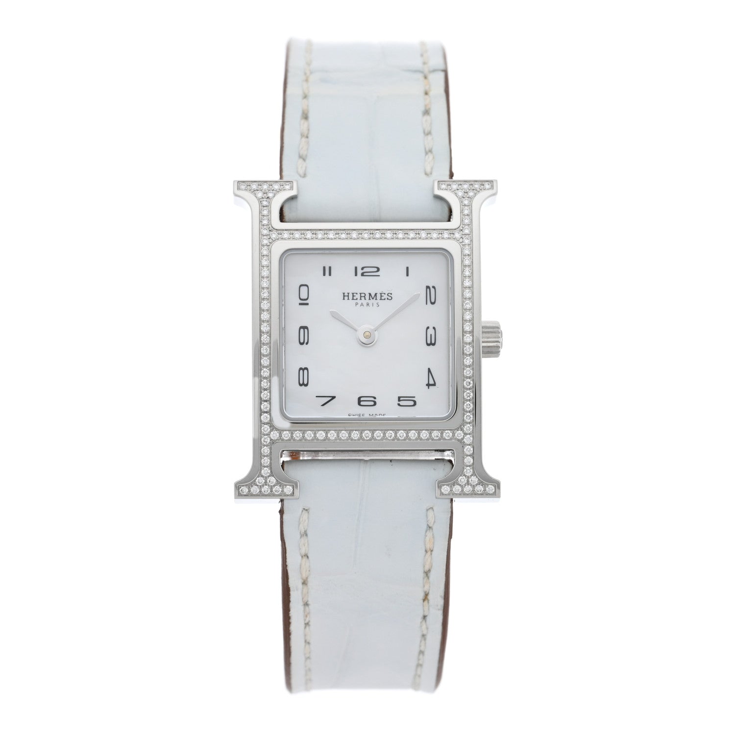 Hermes Stainless Steel Alligator Diamond Bezel Mother of Pearl 21mm Heure H Hour Quartz Watch Blanc 1 of 5