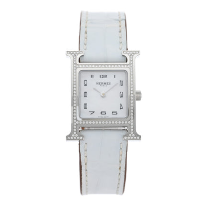 Hermes Stainless Steel Alligator Diamond Bezel Mother of Pearl 21mm Heure H Hour Quartz Watch Blanc 1 of 5