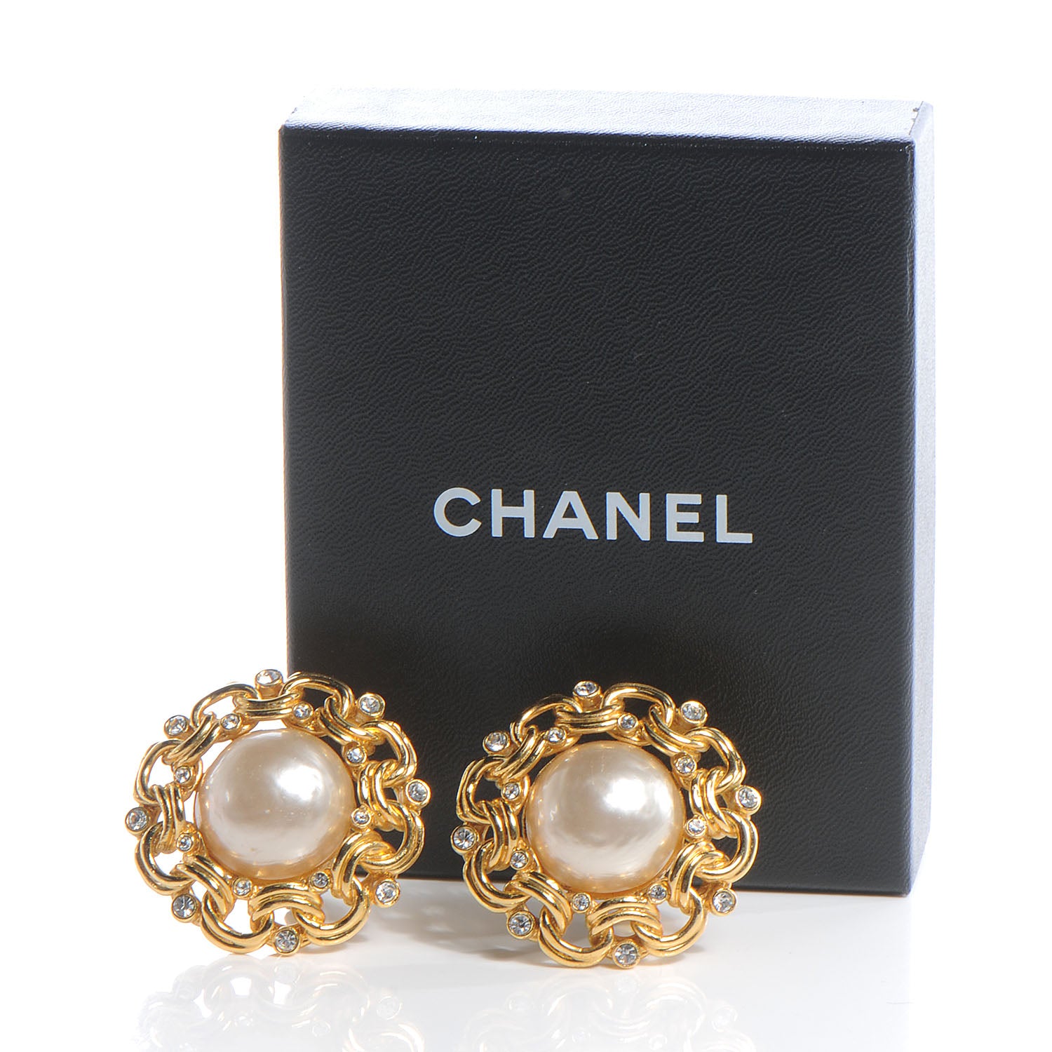 Chanel Pearl Crystal Clip On Earrings Gold 4 of 5