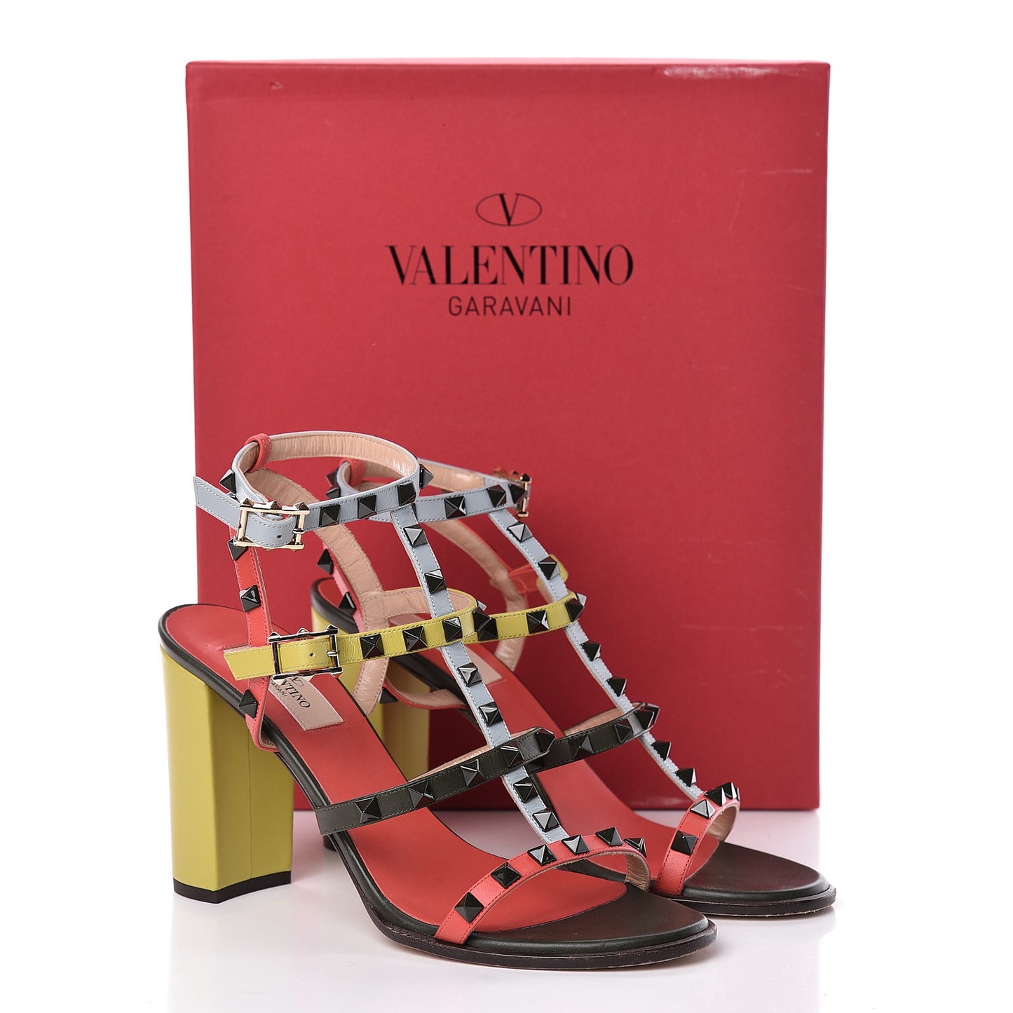 Calfskin Rockstud 90mm City Sandals 39 Coral Sky Army