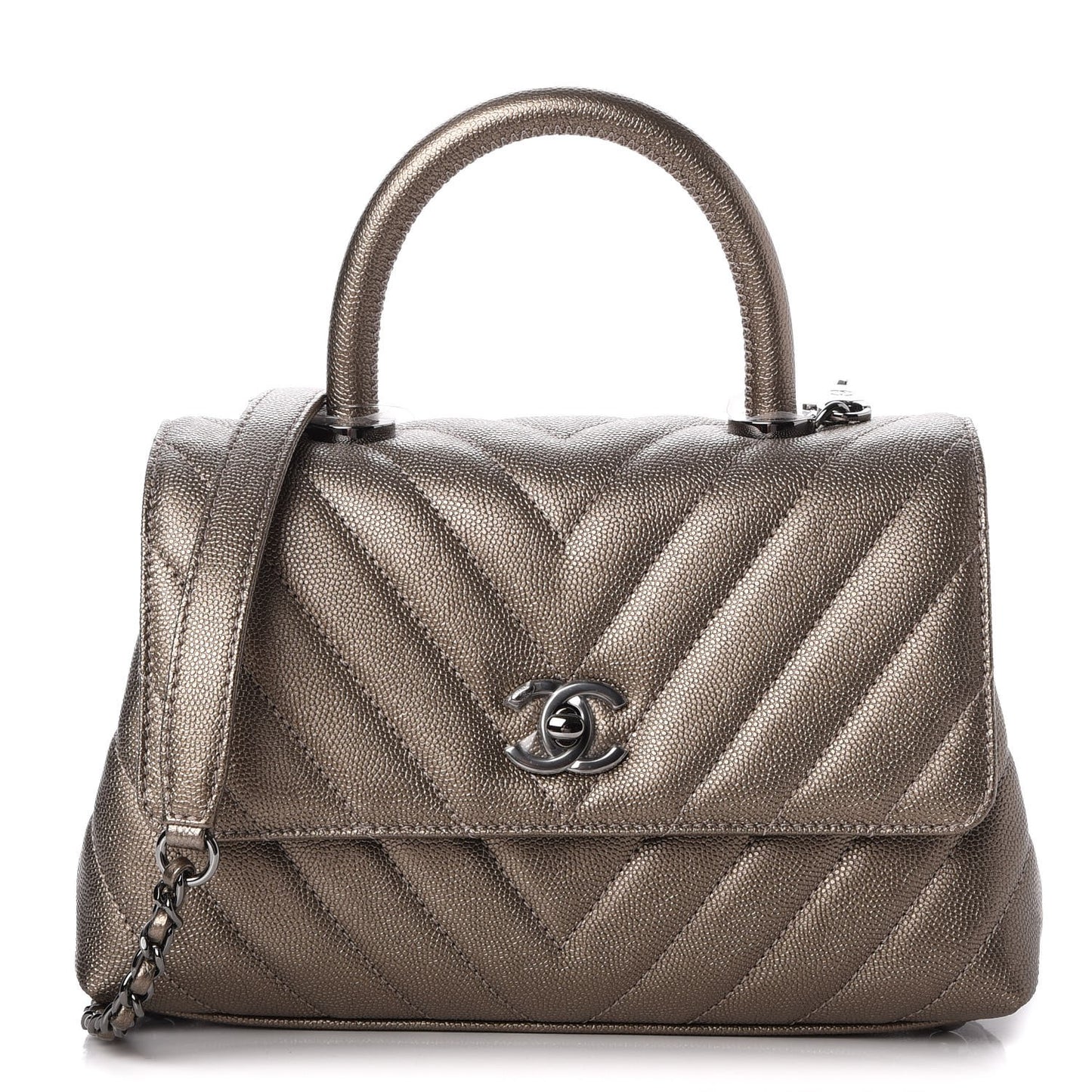 Metallic Caviar Chevron Quilted Mini Coco Handle Flap Light Gold