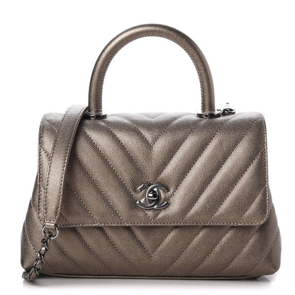 Chanel Metallic Caviar Chevron Quilted Mini Coco Handle Flap Light Gold 1 of 8