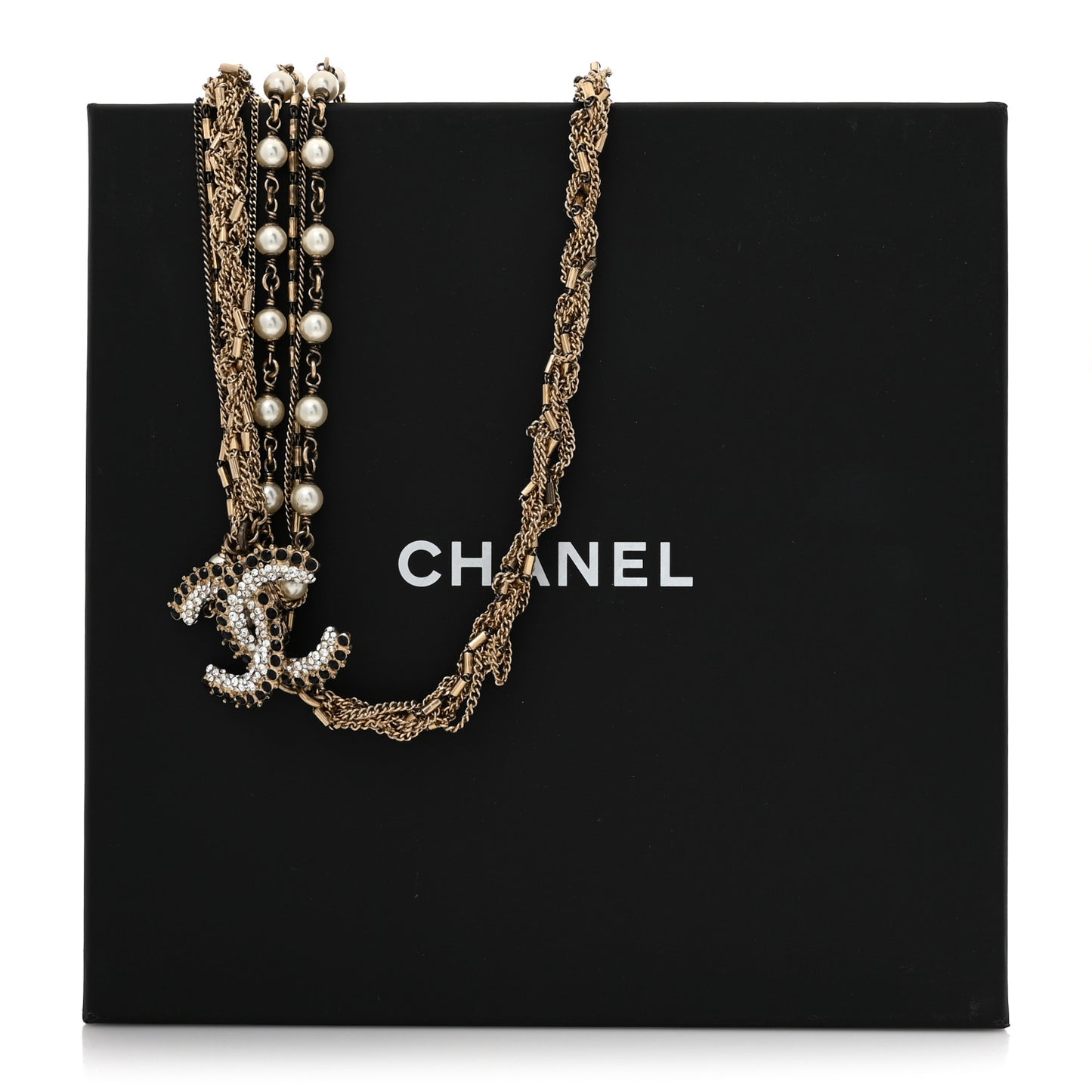 Pearl Crystal CC Braided Multi Strand Necklace Gold Black