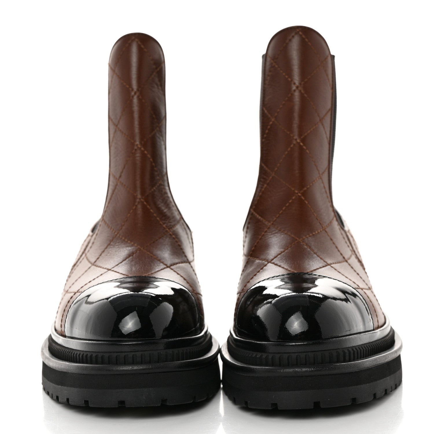 Chanel Calfskin Patent Cap Toe Quilted Short Boots 37.5 Brown