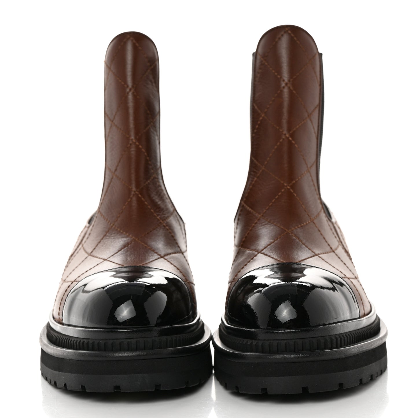 Calfskin Patent Cap Toe Quilted Short Boots 37.5 Brown Black