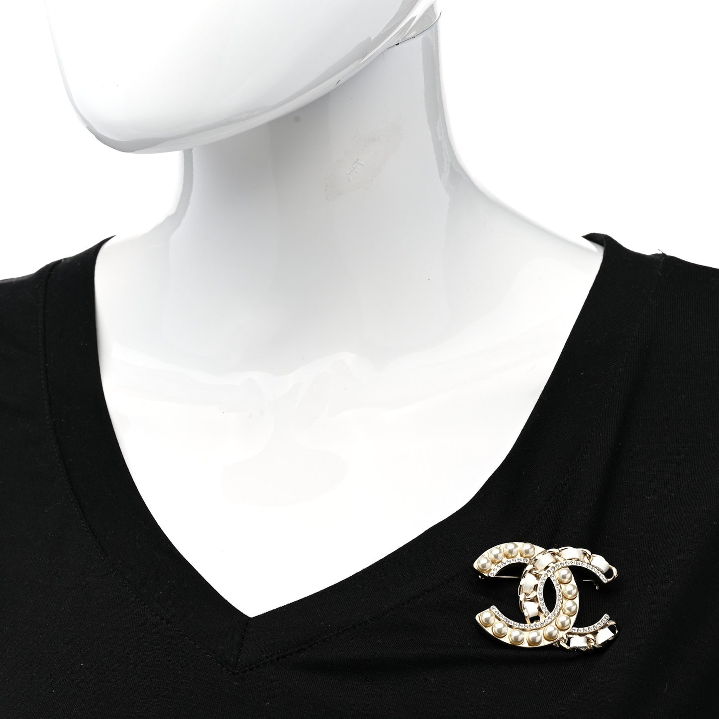 Lambskin Pearl Crystal CC Chain Brooch White Gold
